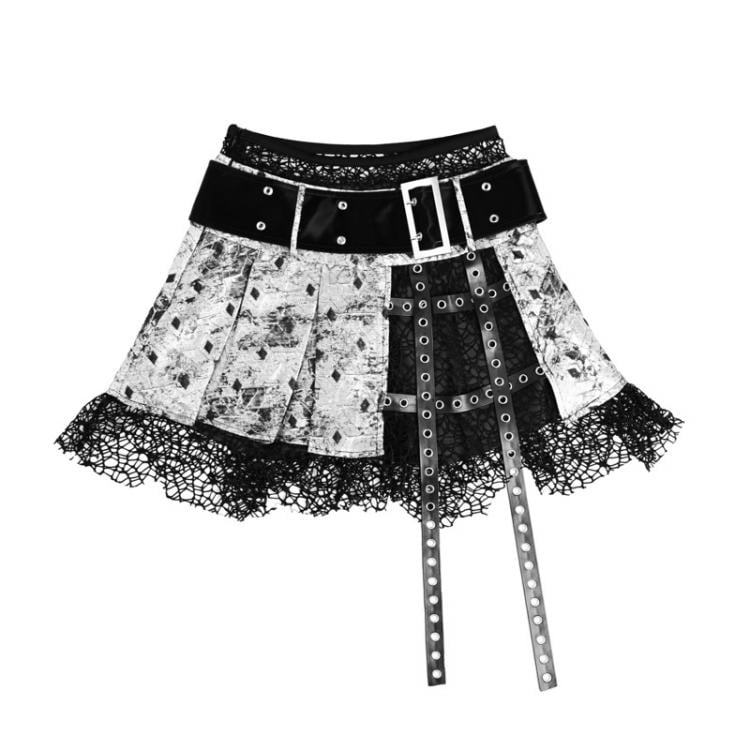 Metal Punk Fishnet Hem Box Pleat Skirt with Belt