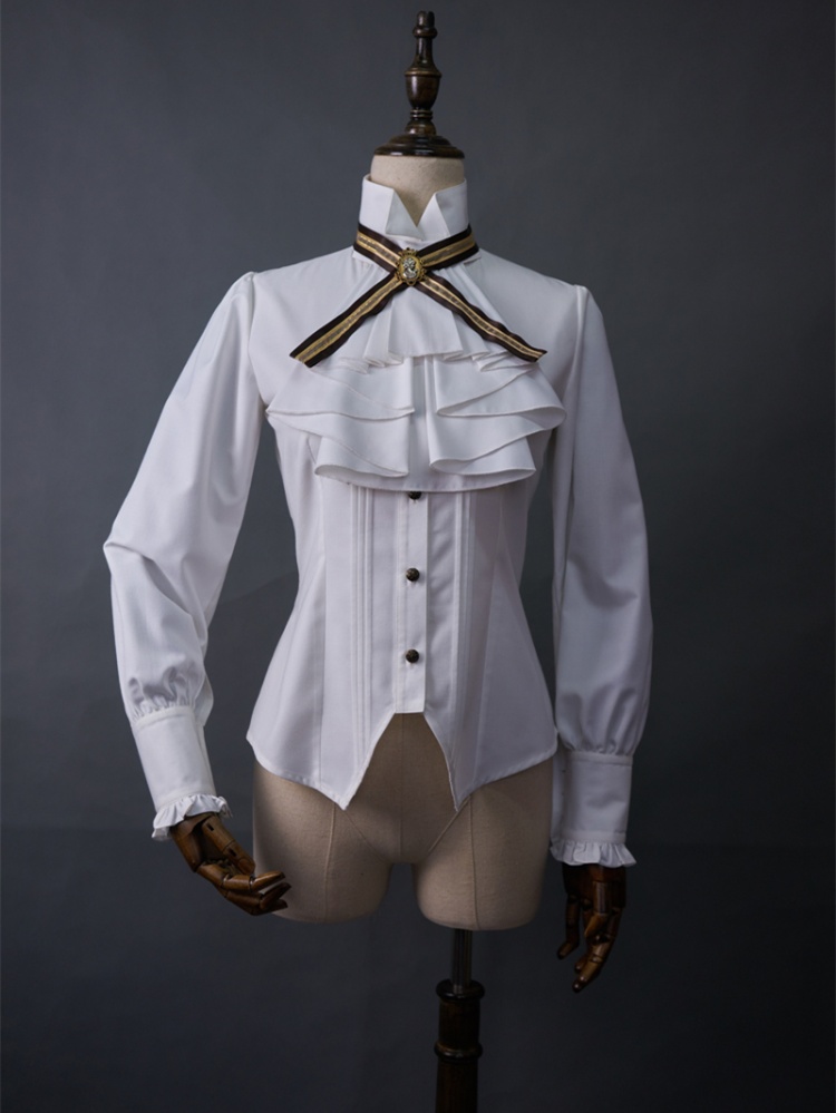 Equestrian Dressage Jabot Collar Ruffle Trim White Shirt