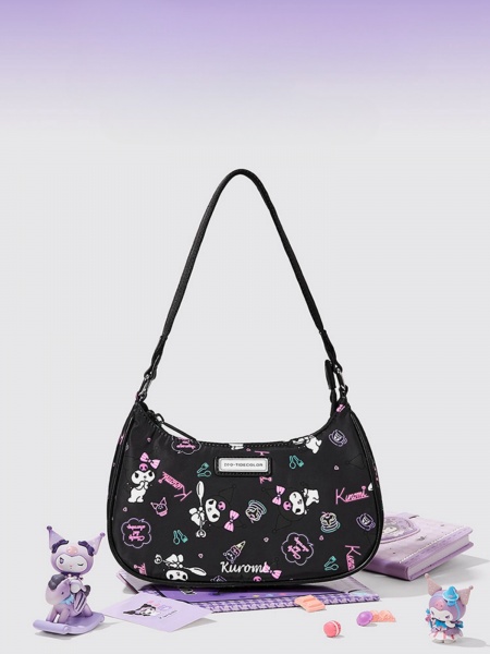 [£22.28]Kuromi Allover Print Black Shoulder Bag with Kuromi/Baku Keychain