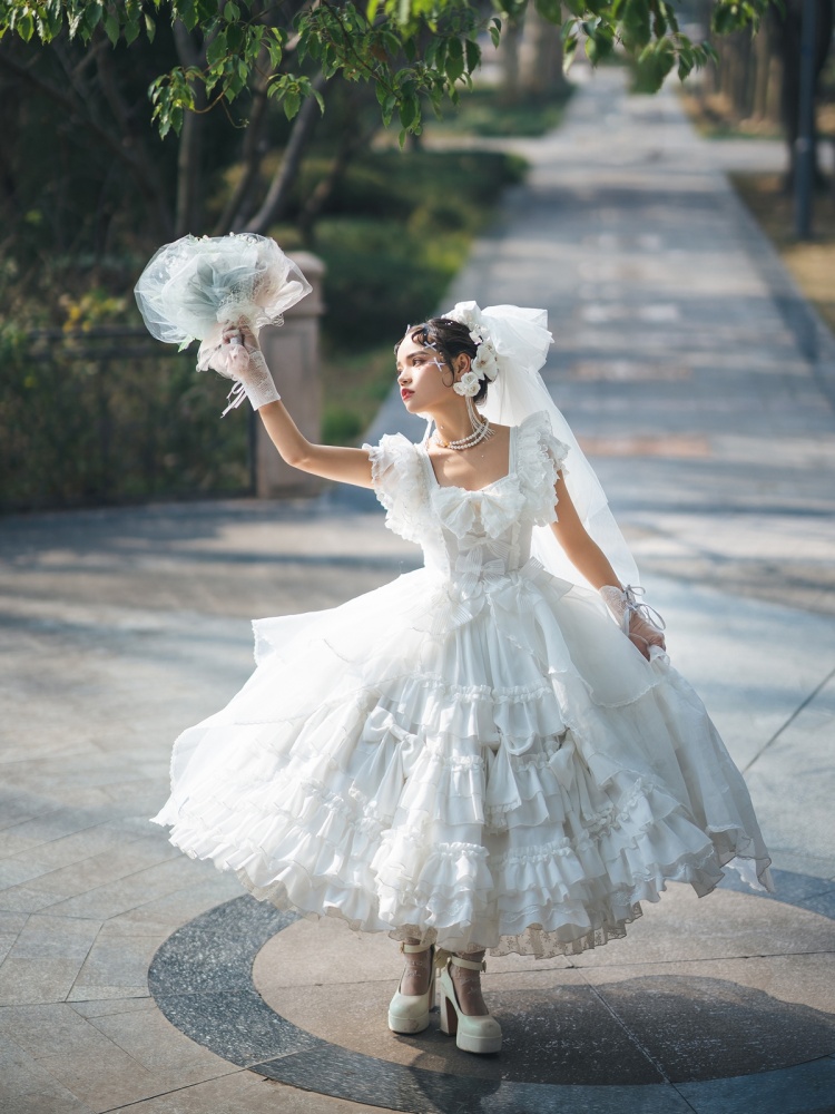 白い花嫁ドレス ロリータ JSK フルセット ちょう結びディテール フリル裾