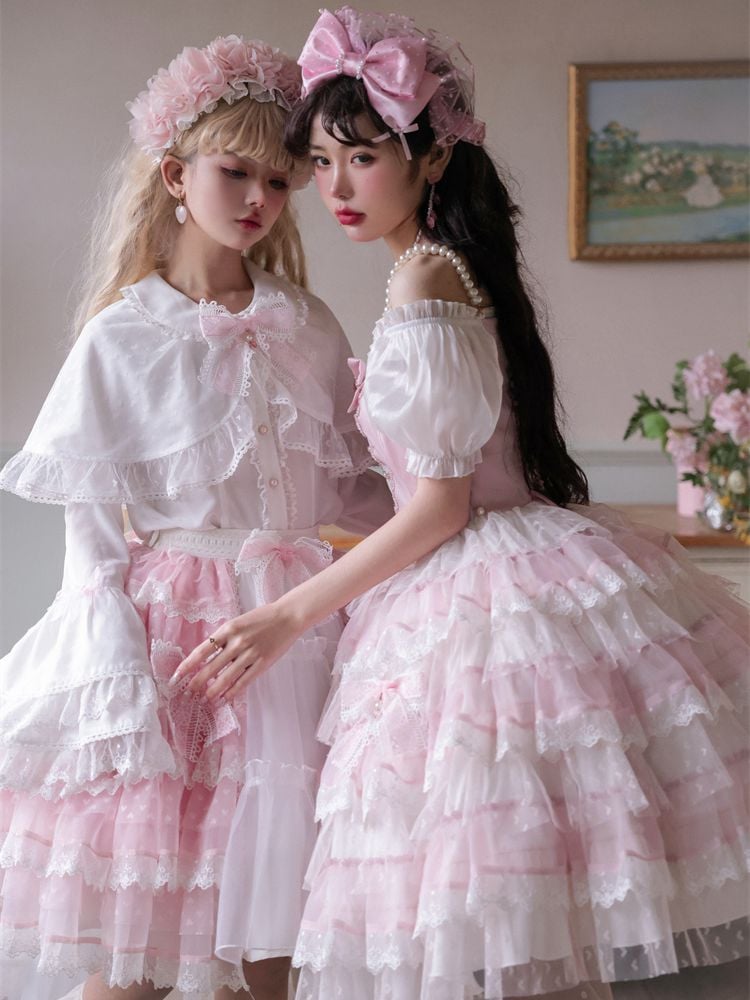 Hanayome Series Pink Basque Waist Tiered Skirt Lace Hem Hime Lolita ...