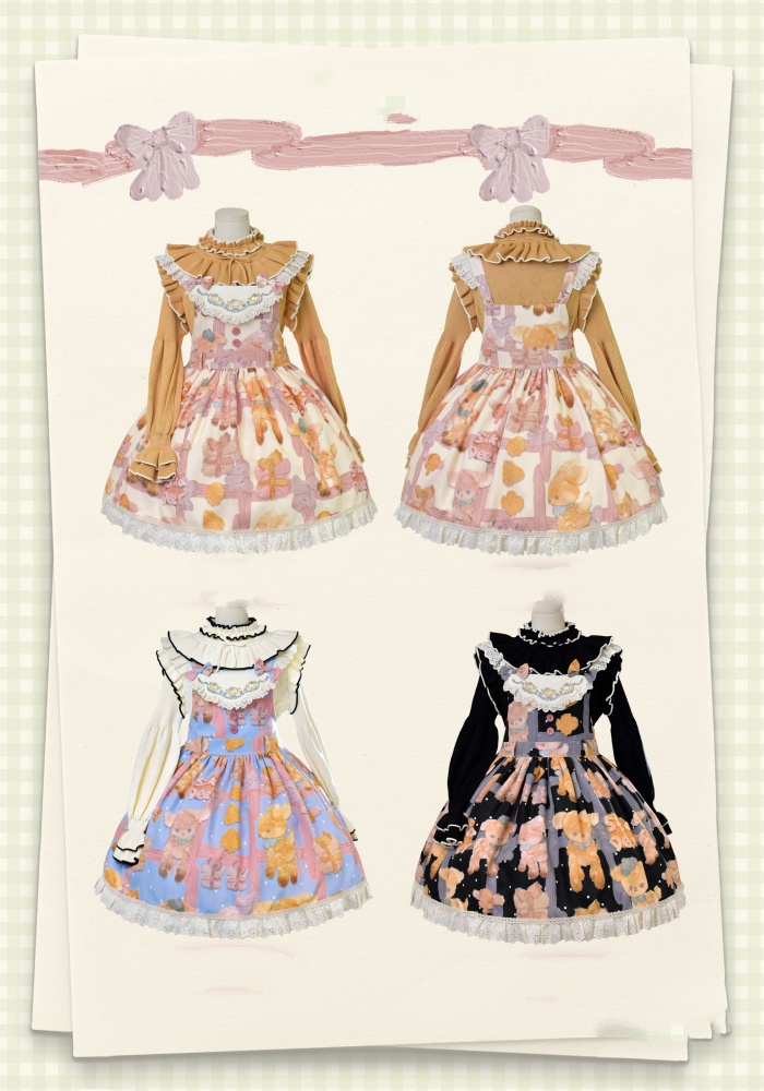 Sika Deer Beige Deer Embroidery Neckline High Waist Lolita Overall Dress