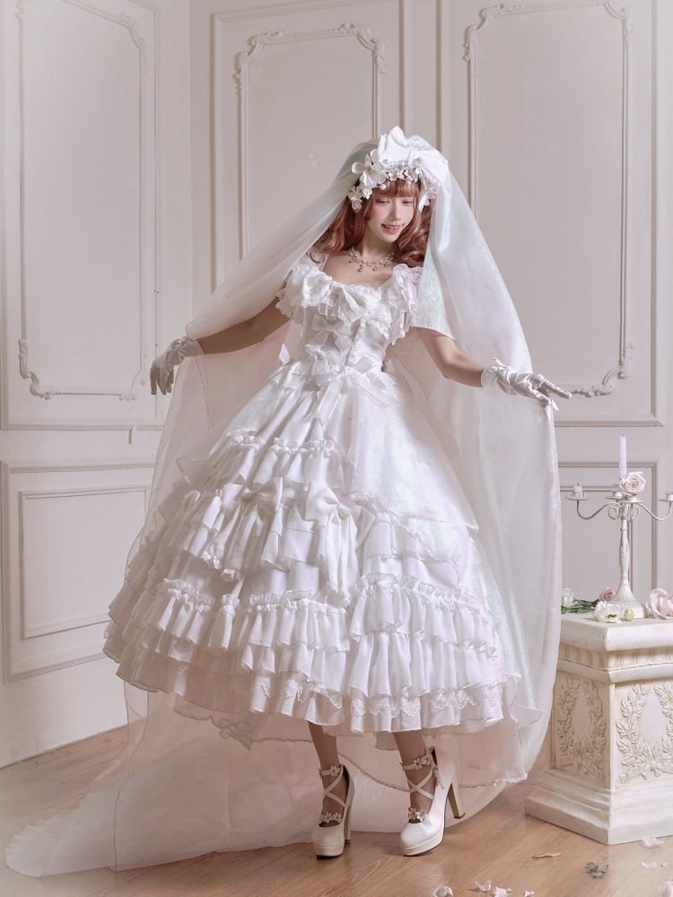 [¥24,359円]白い花嫁ドレス ロリータ JSK フルセット ちょう結びディテール フリル裾