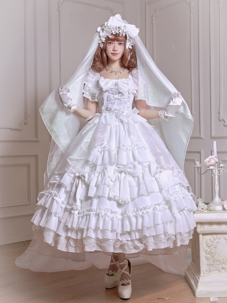 Sweet Lolita OP Dress Wedding Dress Removable Sleeves Polyester Ruffles  Lace Bows White Lolita One Piece Dress