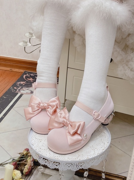 [$39.59]Strawberry Shaped Heel Pink Mary Janes Bow Accents
