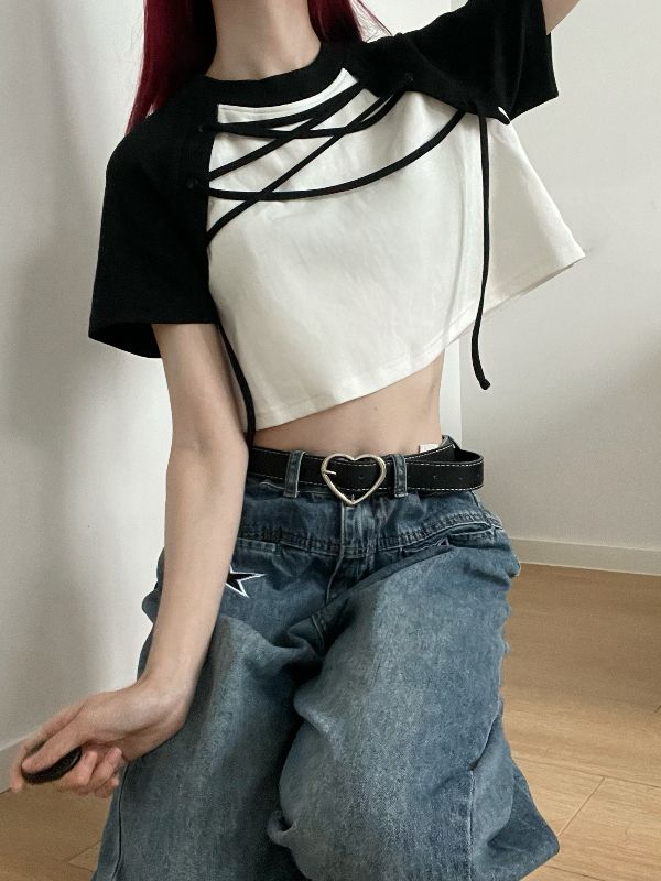 Lace-up Detail Black and White Cropped T-shirt