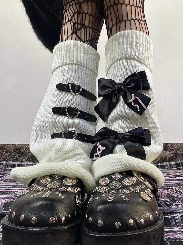 Handmade Buckles and Bowknots Decorated White Leg Warmers