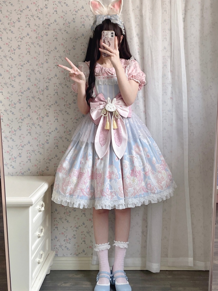 Blue Sakura Rabbit Print Square Neckline Jumper Skirt