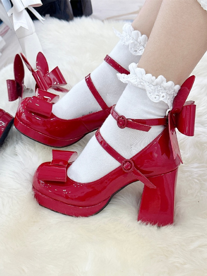 Clearance-Size 39 Rabbit Ears Design Red Mary Janes High Block Heel