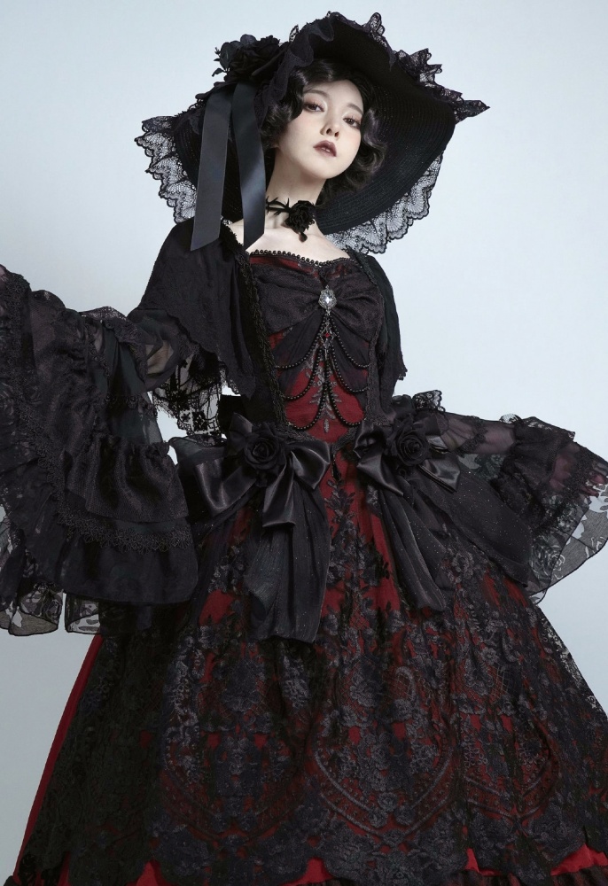 Gothic Black and Red Gorgeous Short Sleeves One Piece