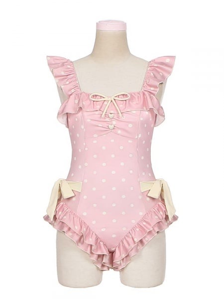 Bowknot Details Polka-dot Pattern Pink Swimsuit Ruffle Trim