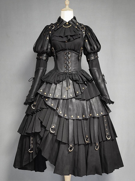 [$269.00]Black Gothic Lolita Under Bust Corset High Waist Layered Pleated Skirt with Shoulder Straps