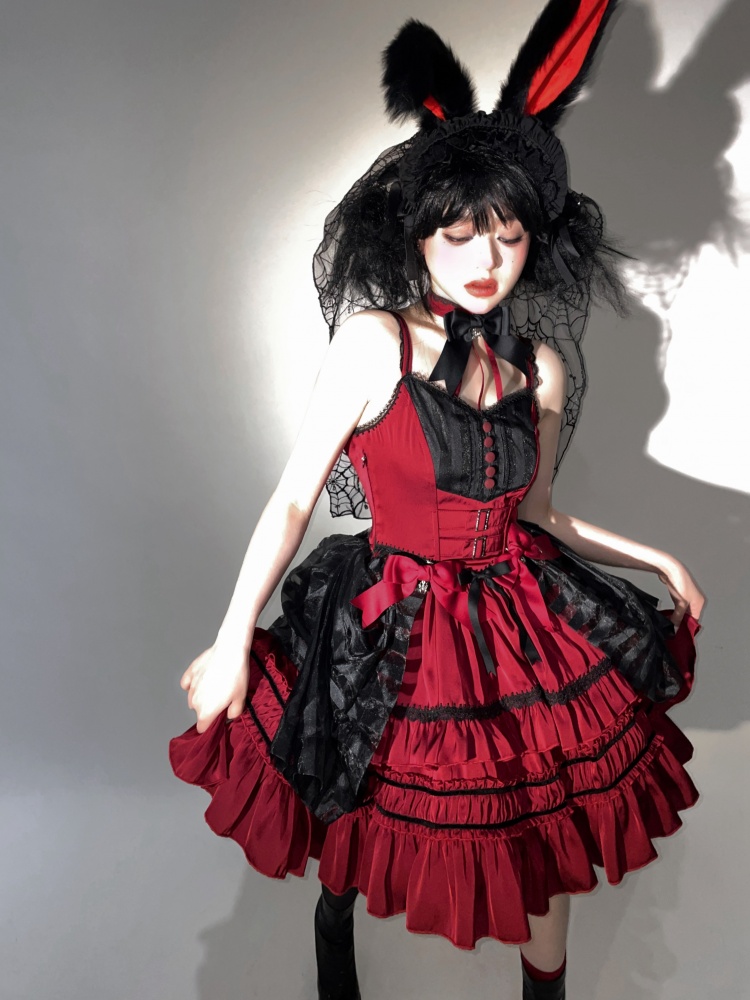 黒と赤のホルター ネック フリル裾ジャンパー スカート ゴシック ドレス