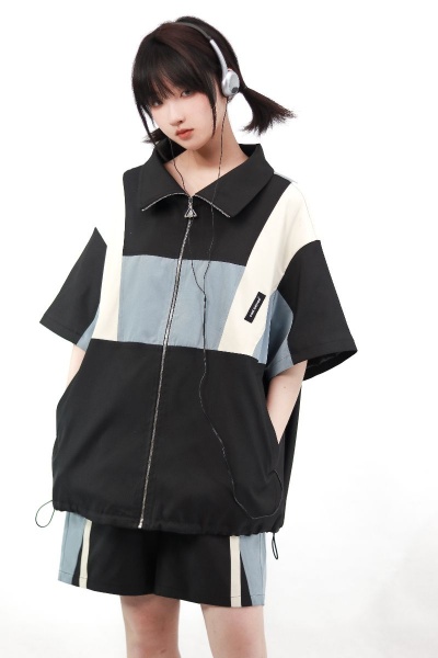 [$33.78]Colorblock Design Short Sleeve Jacket