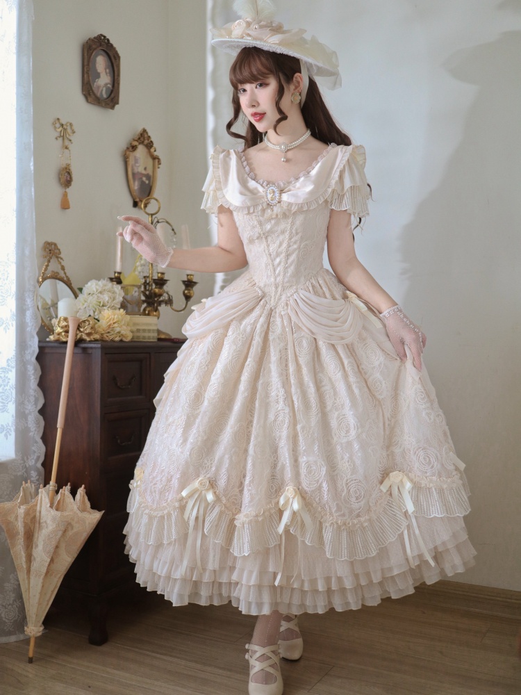 Off-white Rose Embroidery Ruffle Skirt Elegant One Piece