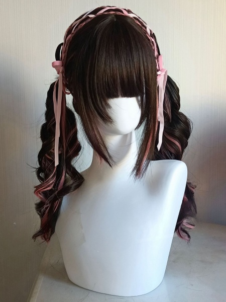 [£34.96]Pink Ribbons Braided Double Ponytails Synthetic Wig Black and Pink