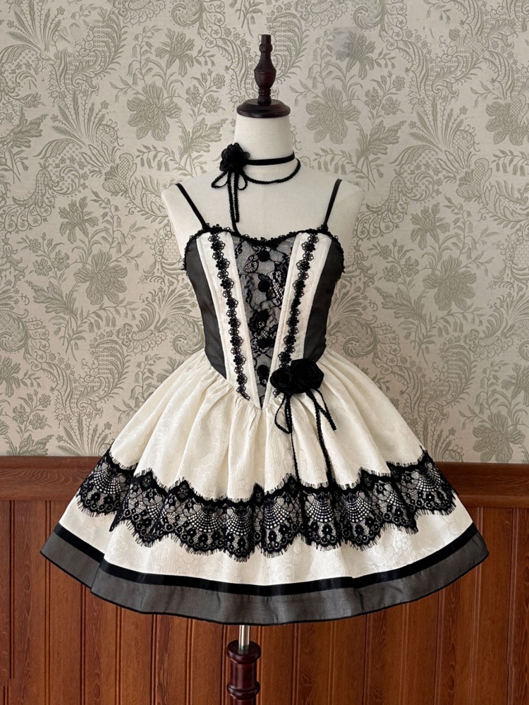 Elegant Basque Waist Thin Shoulder Straps Jumper Skirt Black and White