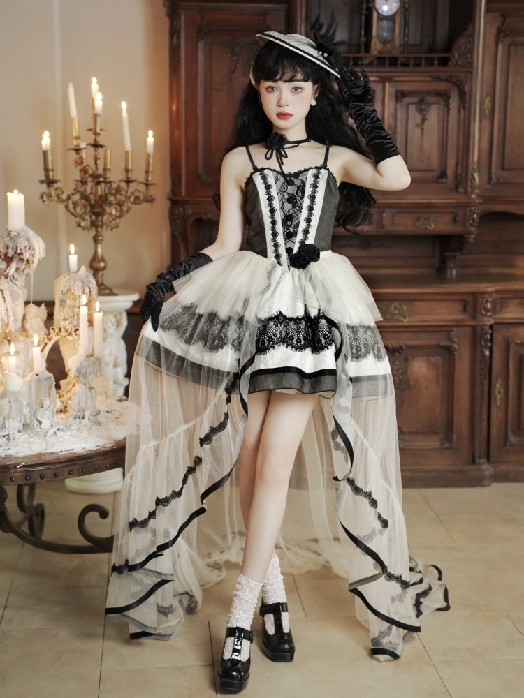 Black and White Elegant Basque Waist Jumper Skirt + Overlay Set