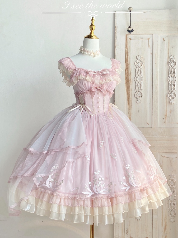 Lace-up Basque Waist Pink Princess Jumper Skirt with Lily of the Valley Embroidery Overlay
