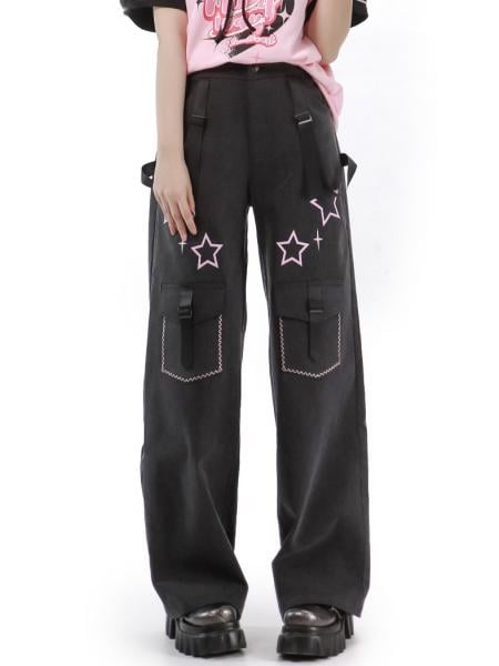 [$33.78]Stars Print Dark Gray Denim Pants with Straps