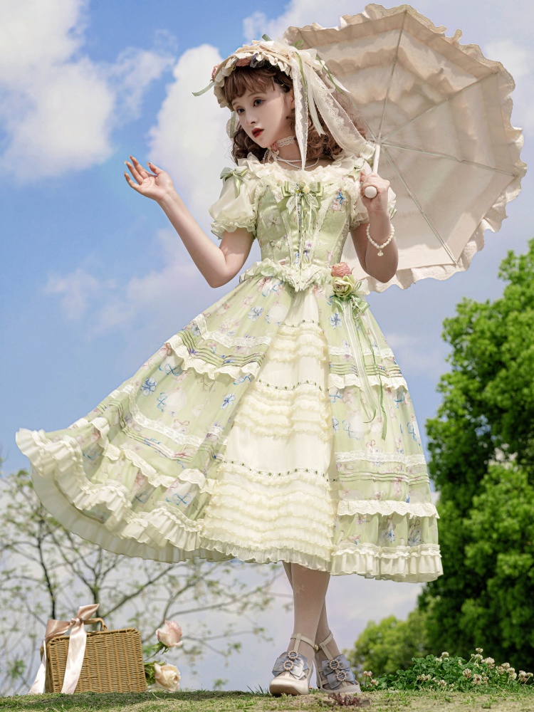 Green Floral Print Corset + Blouse + Skirt Set