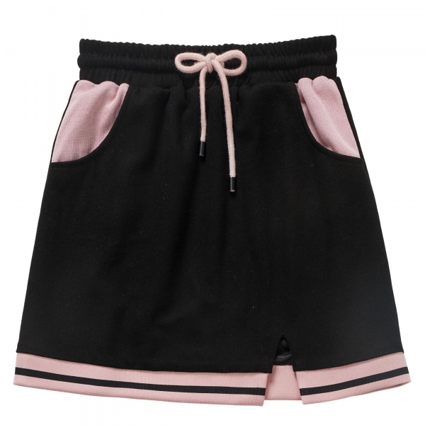 [$24.57]Ribbed Hem Black and Pink Side Slit Skirt
