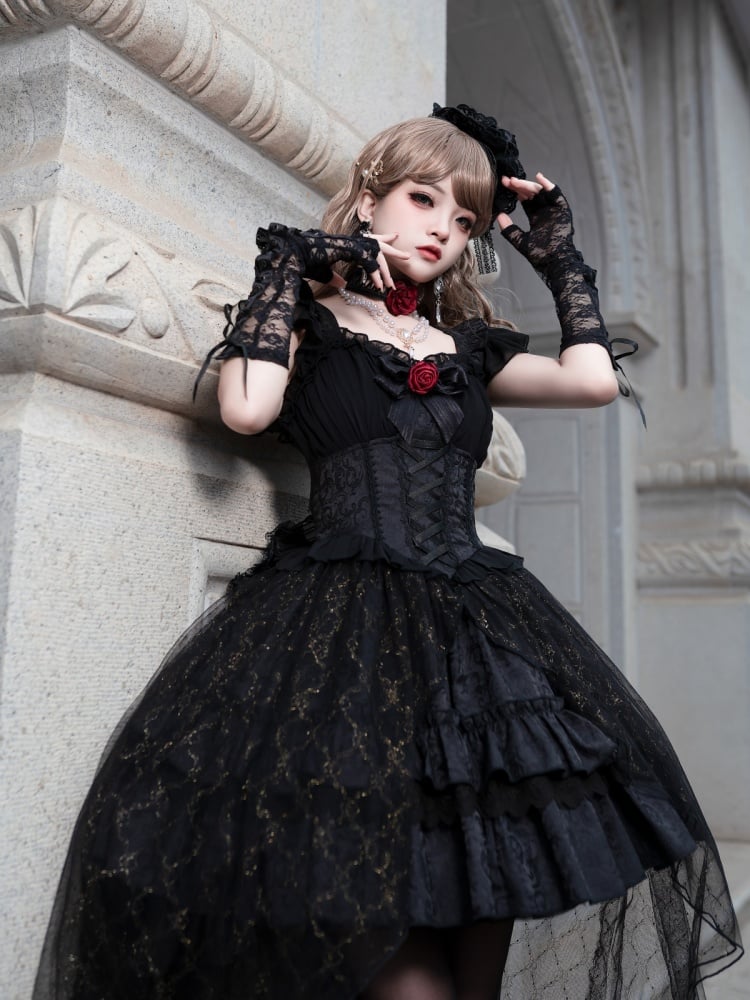 Black Ruffle Skirt with Overlay Gothic Jumper Skirt