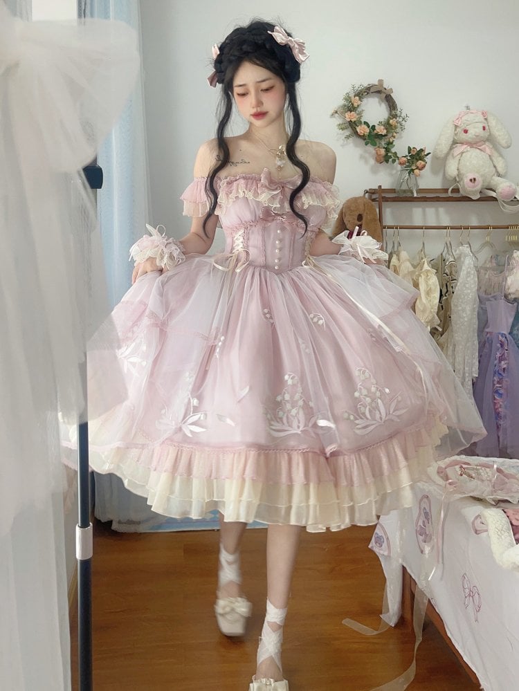 Lace-up Basque Waist Pink Princess Jumper Skirt with Lily of the Valley Embroidery Overlay