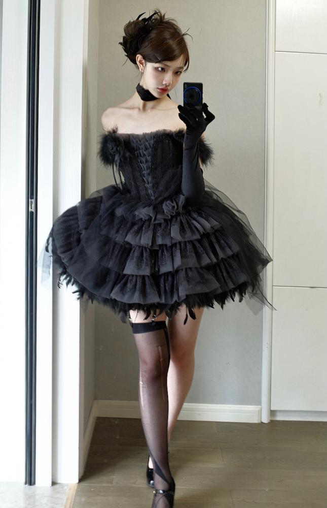 Black Tiered Ruffle Skirt Jumper Skirt with Feather Hemline