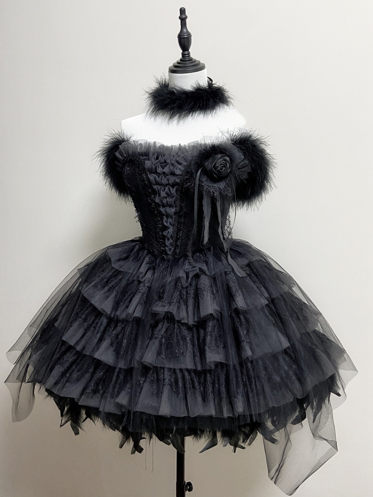 Black Tiered Ruffle Skirt Jumper Skirt with Feather Hemline