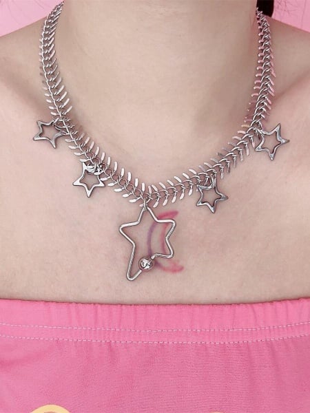 [$6.82]Silver Metal Stars Necklace