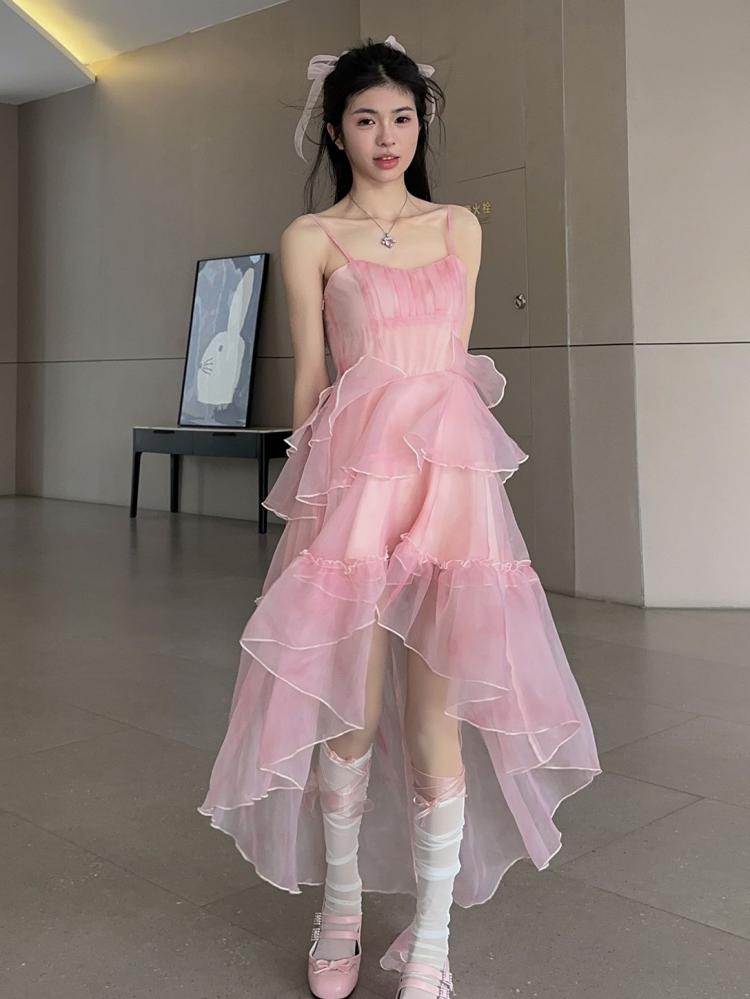 Sakura Pink High-low Skirt Dress with Cropped Outerwear Short/Long