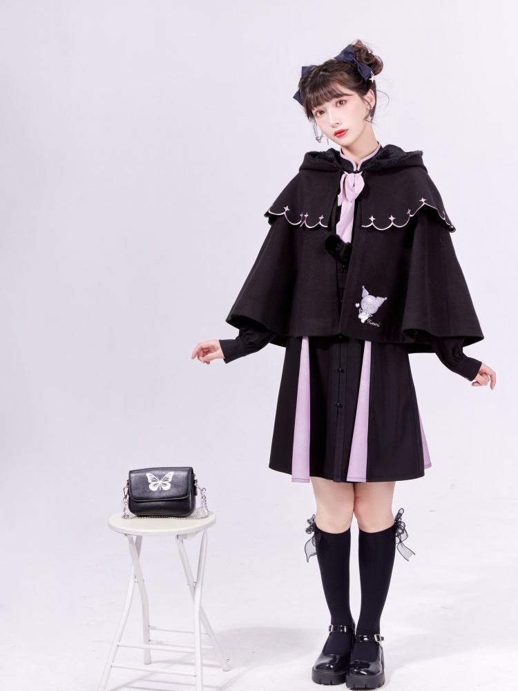 Sanrio Kuromi and Bamboo Embroidery Black and Purple Dress with Belt