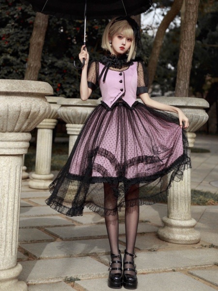 [$57.00]Black and Pink Waistcoat Bodice Design Jumper Skirt + Blouse Set