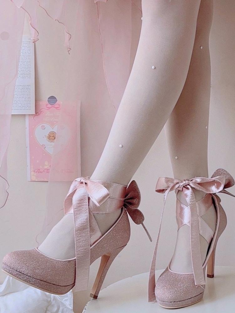 Glittering Pink Butterfly High Heels Balletcore Lace-up at Ankle