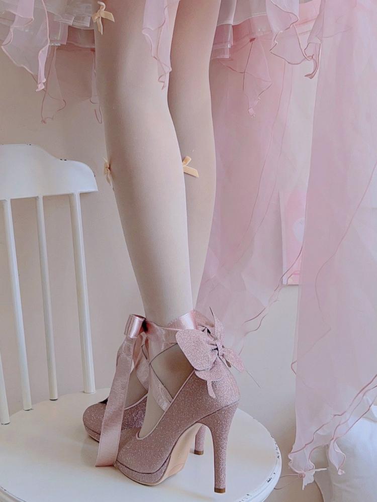 Glittering Pink Butterfly High Heels Lace-up at Ankle