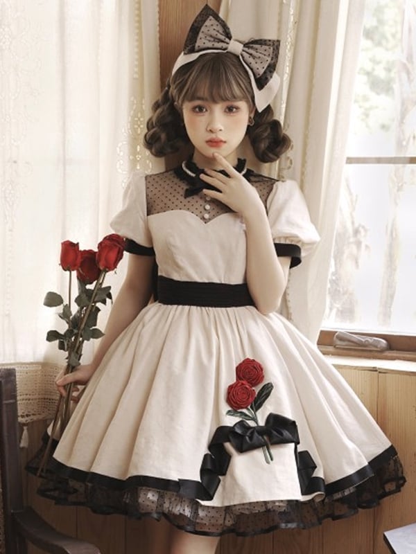 Clearance -Size L for Bust 96cm White Rosette Embroidery One Piece ...