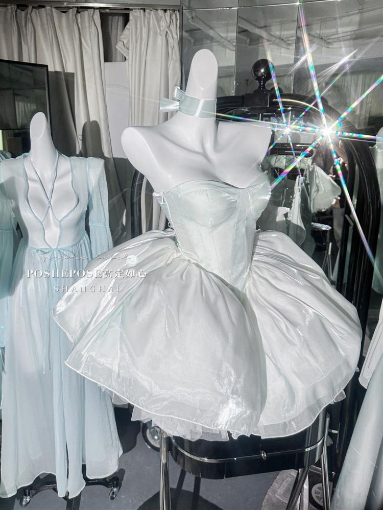Light Aqua Blue Ombre Strapless Balletcore Lace-up Dress