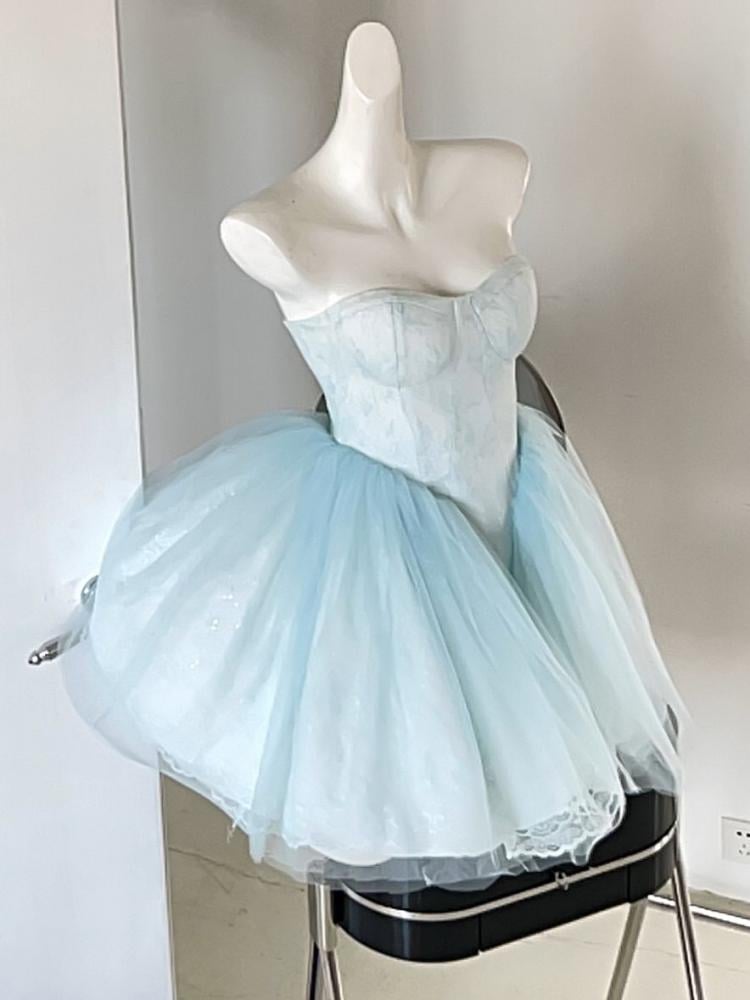 Baby Blue Balletcore Lace Bustier Dress Basque Waist