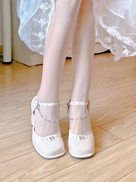 [$36.89]Beads Chain Decorated Beige Slingback High Block Heel Shoes