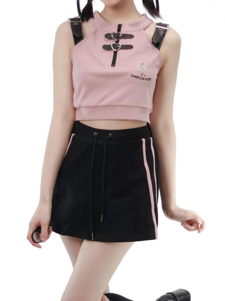 Heart Buckle Pink Sleeveless Top with Free Sleeves