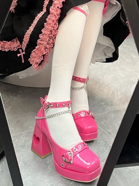 [£38.30]Punk Rose Pink Heart Cutout 8.5cm High Block Heels Shoes