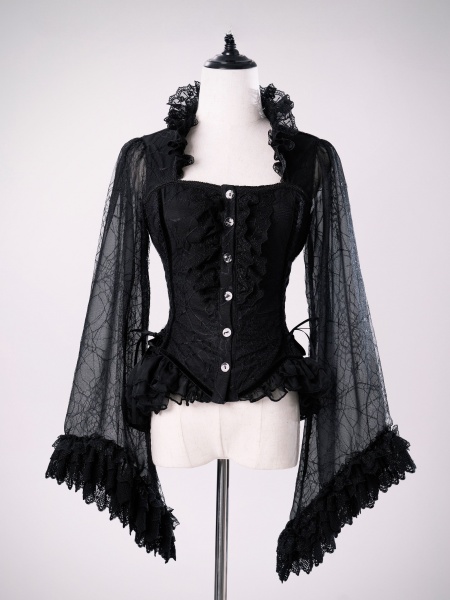 Black Gothic Cobweb Sleeves Lace-up Detail Shirt