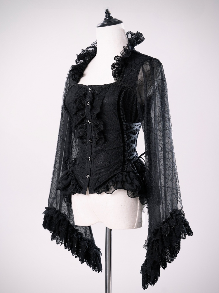 Black Gothic Cobweb Sleeves Lace-up Detail Shirt