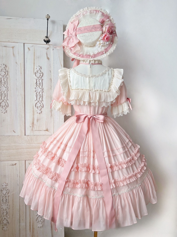 Princess Pink Dress Rosette Embroidery Neckline One Piece