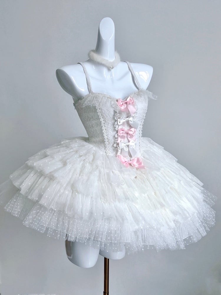 White Sweet Princess Balletcore Dress Basque Waist Tiered Skirt