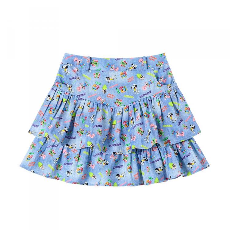 Bunnies and Puppies Print Blue Jeans Tiered Skirt