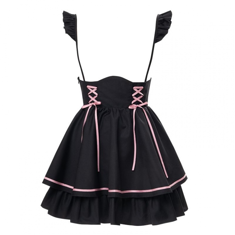 Lace-up Details Tiered Skirt Black Overalls High Waist Jirai Kei Dress