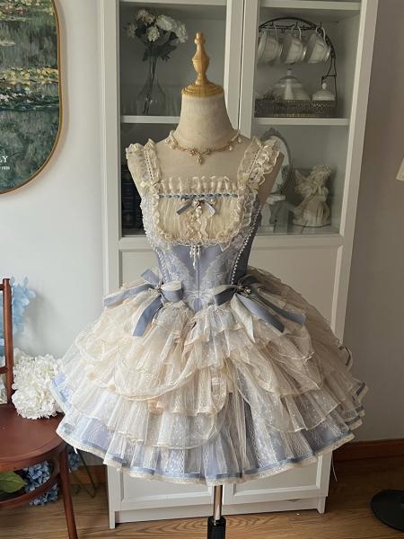 Blue Princess Boned Corset Top + Blue Floral Print Skirt Set