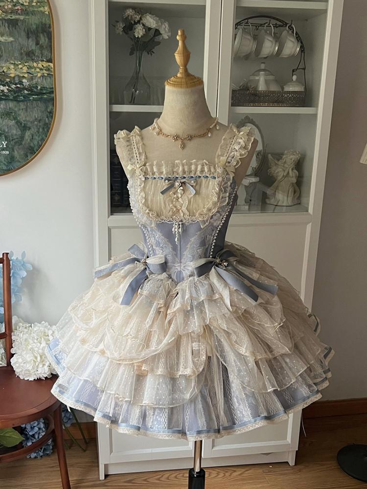 [$147.00]Blue Princess Boned Corset Top + Blue Floral Print Skirt Set
